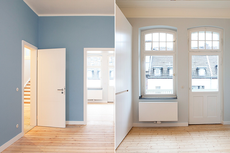 Wand- und Deckenflächen gespachtelt und gestrichen Zimmertür mit Kassettierung in Düsseldorf
